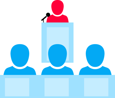 Öffentliche Sitzung 3 blaue Männchen sitzen vor einem roten Männchen, der gerade redet