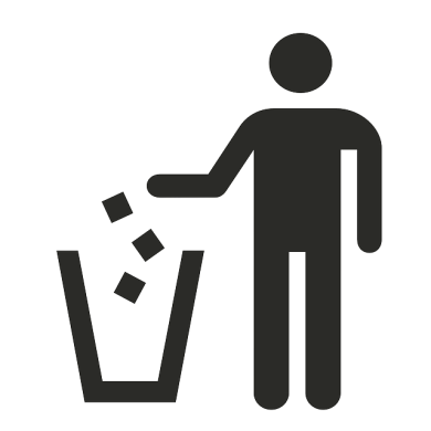 schwarzes Männchen wirft Müll in einen Mülleimer