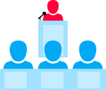 Öffentliche Sitzung 3 blaue Männchen sitzen vor einem roten Männchen, der gerade redet